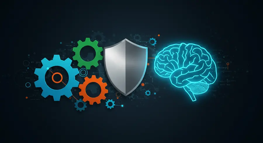 Abstract artwork representing SRE culture: interconnected gears symbolizing teamwork, a shield for reliability, and a brain for shared knowledge, with a modern tech aesthetic.